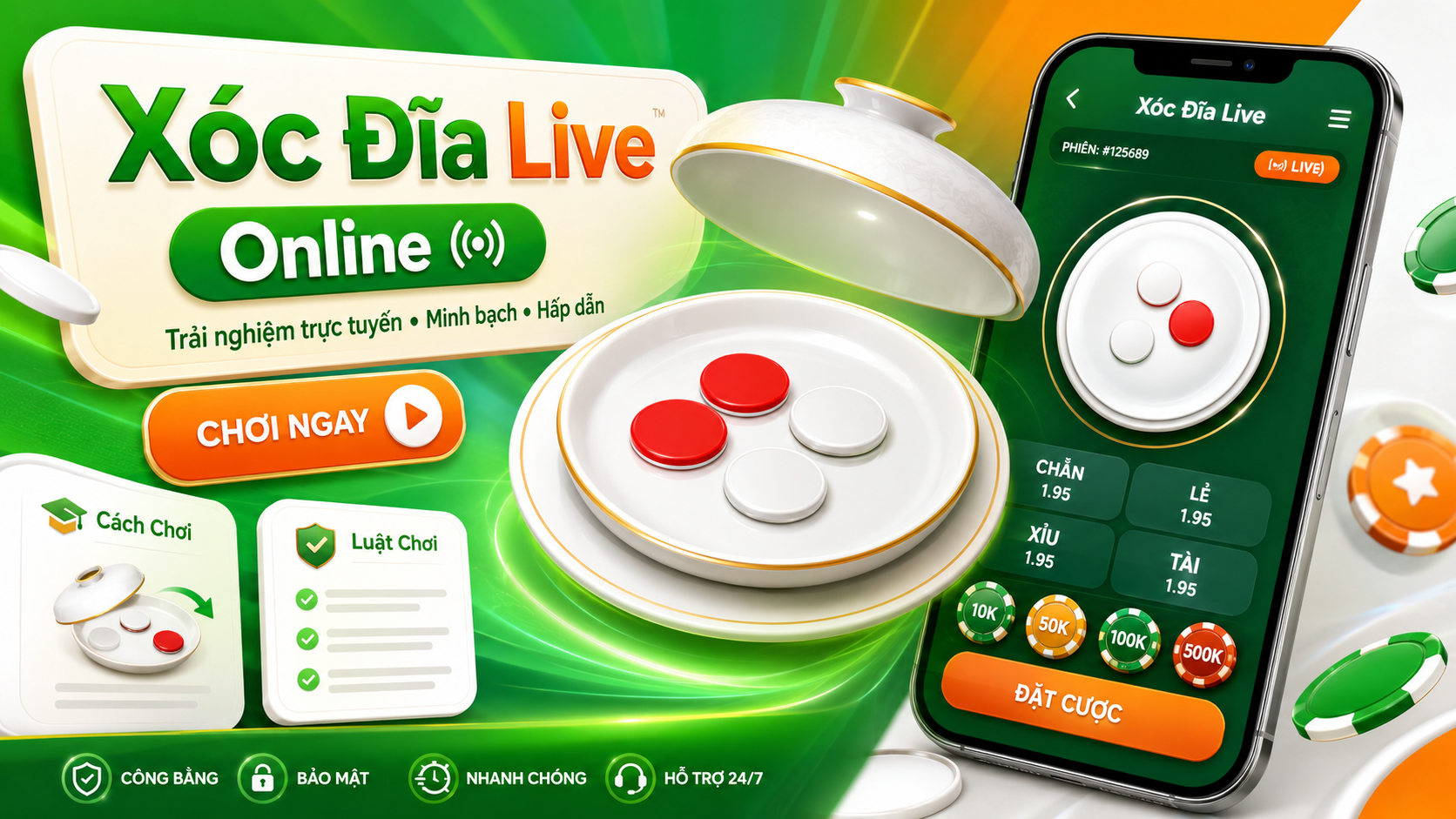 Giao diện Xóc Đĩa Live Online với điện thoại, đĩa và bốn quân vị