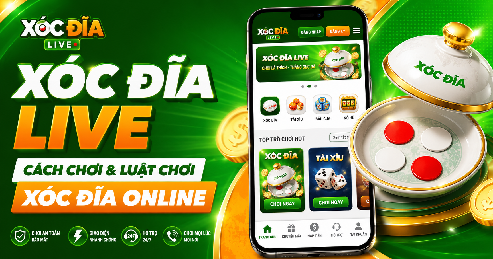 Bàn xóc đĩa live màu xanh với điện thoại và bốn quân vị