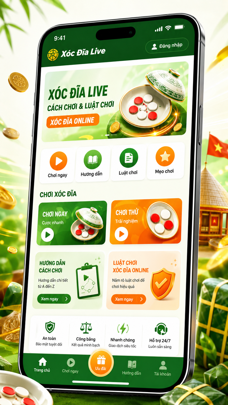 Điện thoại minh họa giao diện Xóc Đĩa Live với các khu vực điều hướng